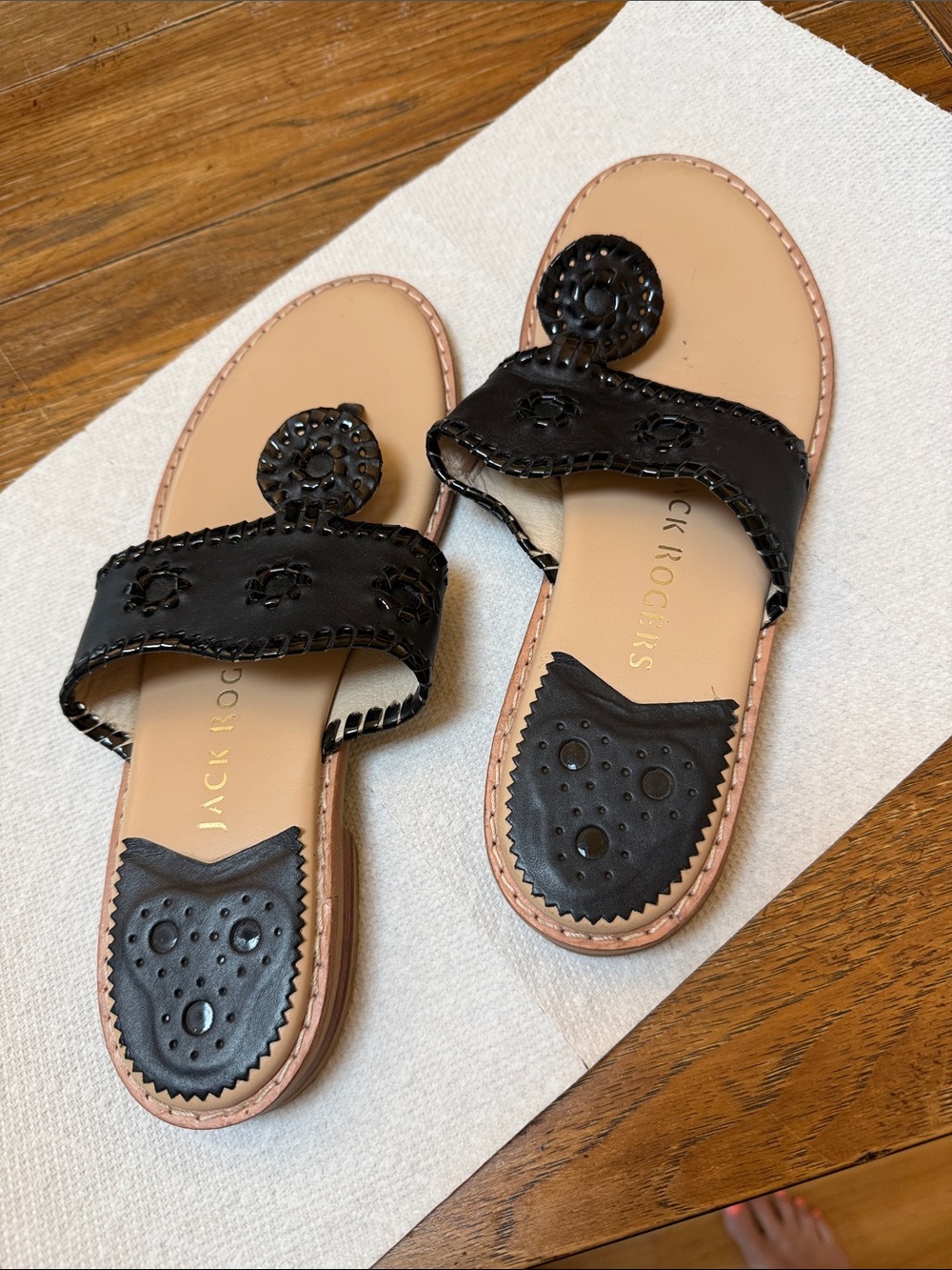 Jack Rogers Black Leather Tan Footbed